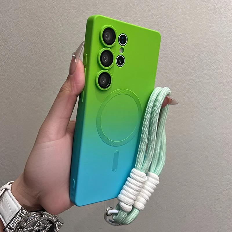 Luxusní pouzdro Magsafe s gradientní barvou pro Samsung Galaxy S25 S24 S23 S22 S21 Ultra S25 Plus Kryt z tekutého silikonu s měkkým řetízkem na ruku