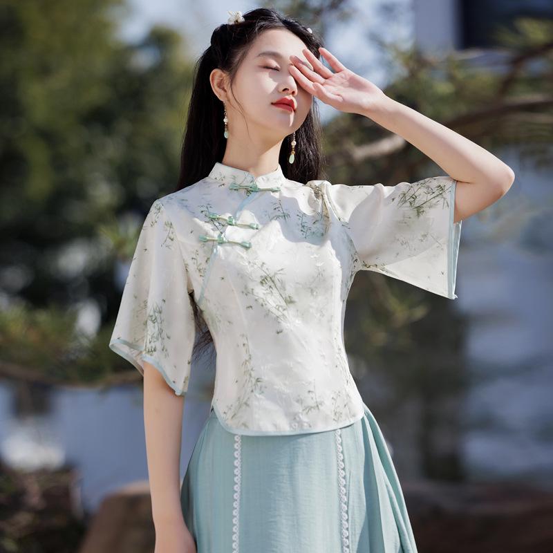 Top Cheongsam cu mâneci medii în stil retro chinezesc pentru femei, vara 2025