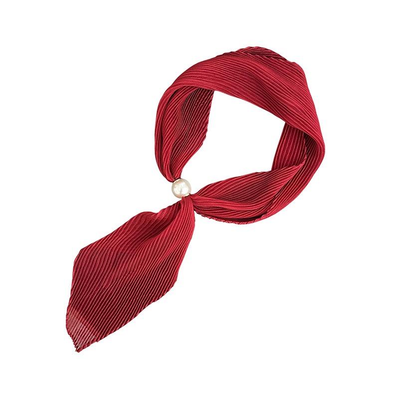 Pearl magnetic silk scarf high-end new versatile solid color pleated silk scarf with shirt neck protector scarf