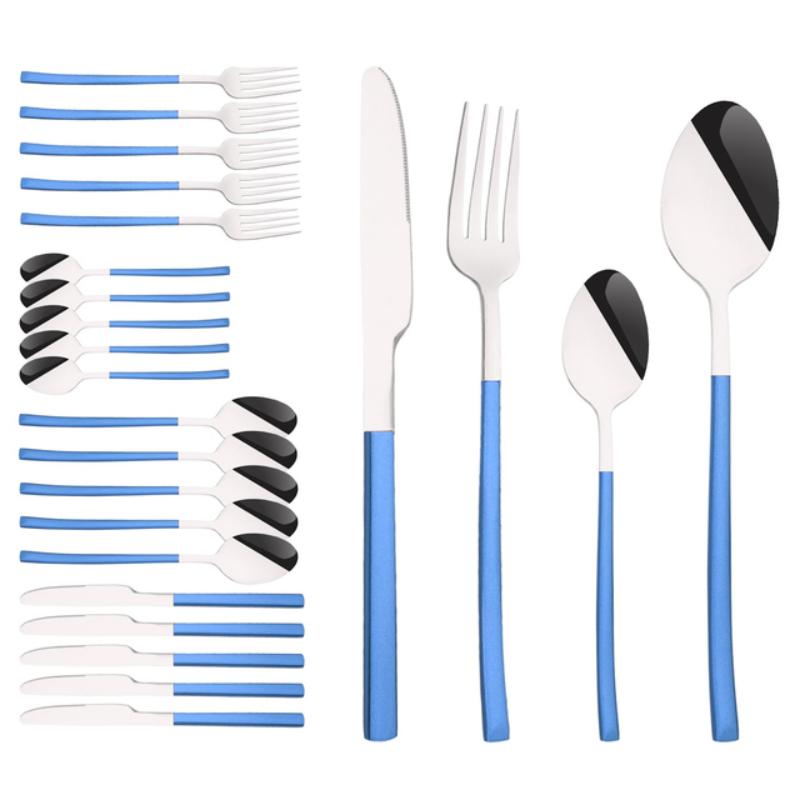 24 ks Moderní jídelní sada Nerezová sada nádobí Modrá Zlatá Nůž Vidlička Lžíce Čajová lžička Kuchyňská sada příborů