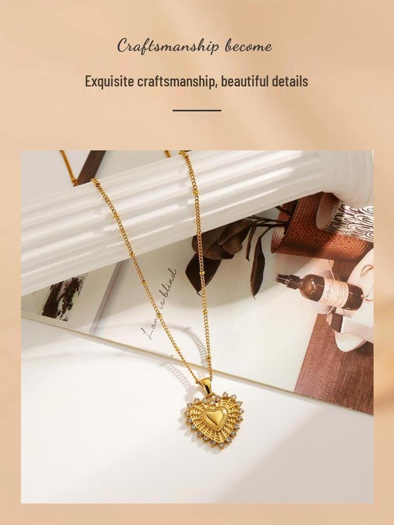 Ying Tai Women's Heart Pendant Necklace, Stainless Titanium Steel, Zircon Crystal, High Polish 18K Gold, Waterproof and Fashionable.