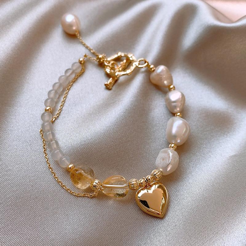Special-Shaped Baroque Freshwater Pearl Necklace Ethnic Style Yellow Hair Crystal Splicing Pearl Design Peach Heart Collarbone Chain Female