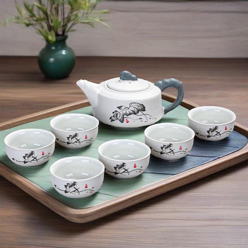 7-piece snow glazed tea set , hand cracked glaze, perfect for matcha/herbal tea, heat-resistant ceramics, modern minimalist tea