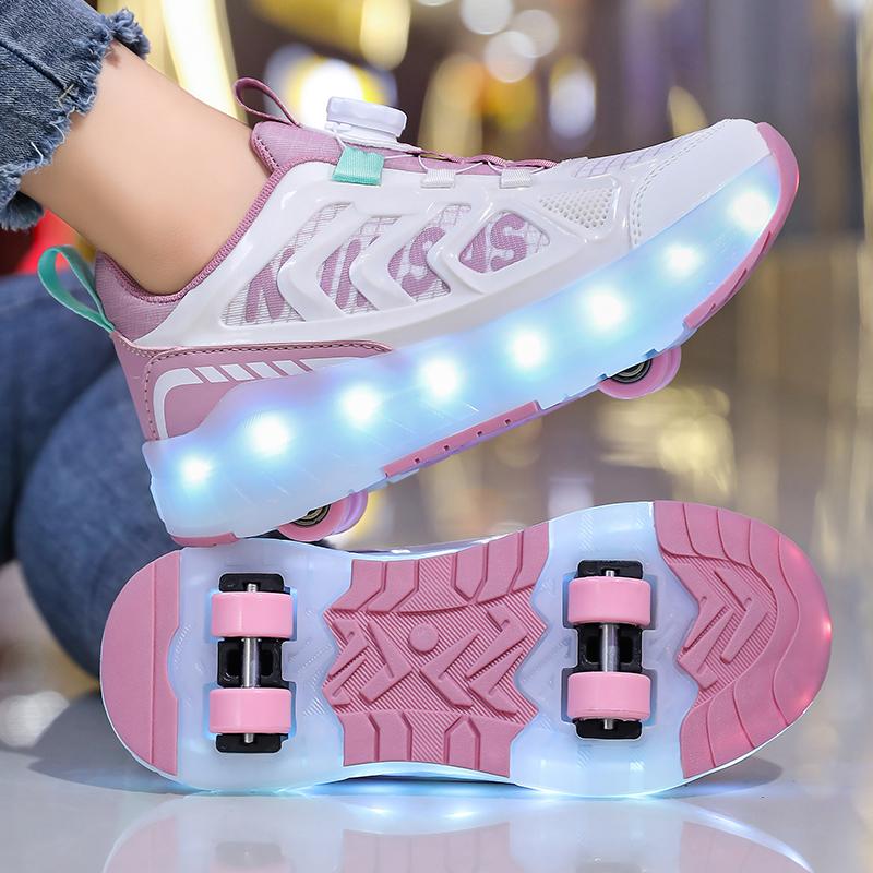 Kids Lights Sports Shoes Rubbing Shoes Charging and Disassembling Four Wheels Slide Shoes LED Kids Glowing Sneakers