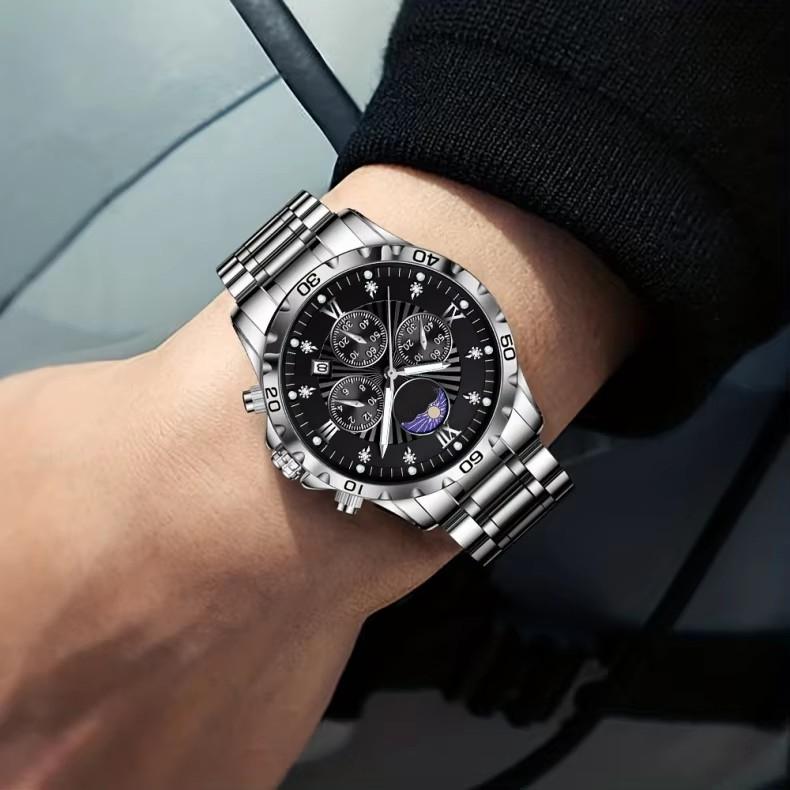 Men's Quartz Watch with Subdials Analog Wristwatch with Date-Display Waterproof Luminous Chronograph Dress Watches Stainless Steel Band