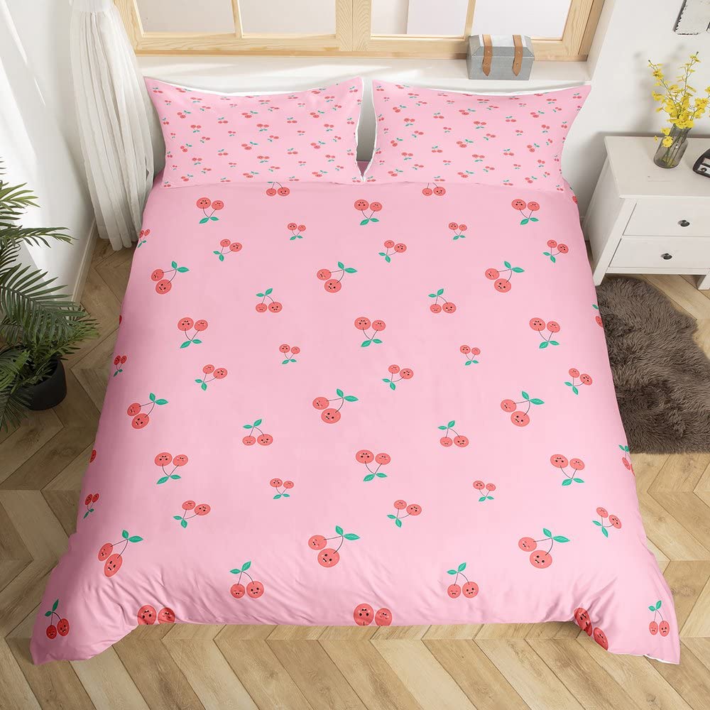 Frucht Bettbezug Set Frischer Pfirsich Apfel Cartoon Niedlich Kawaii Muster Polyester Bettdeckenbezug King Size Für Kinder Jugendliche Erwachsene