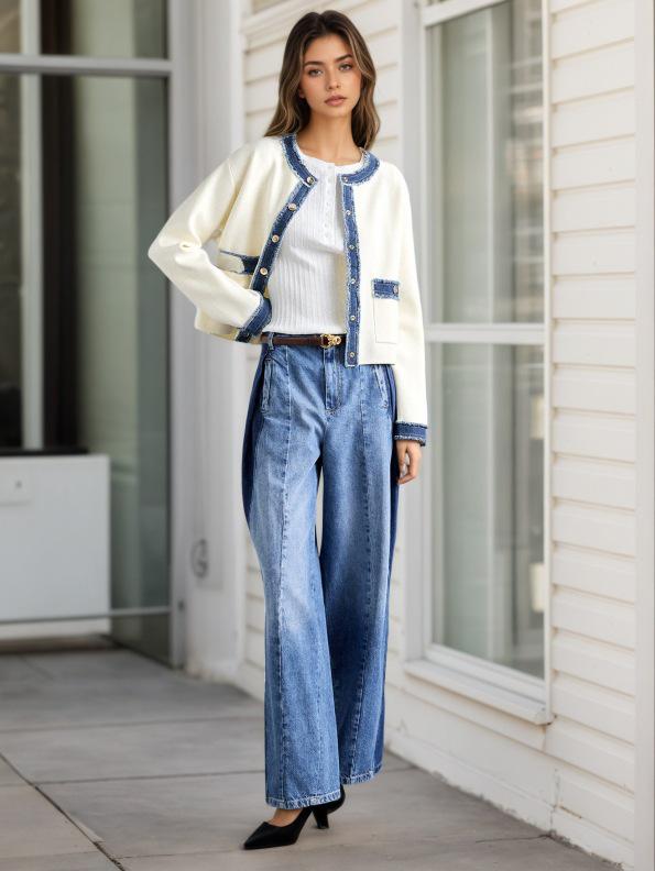 2025 European & American Furry Denim Color Block Long Sleeve Jacket