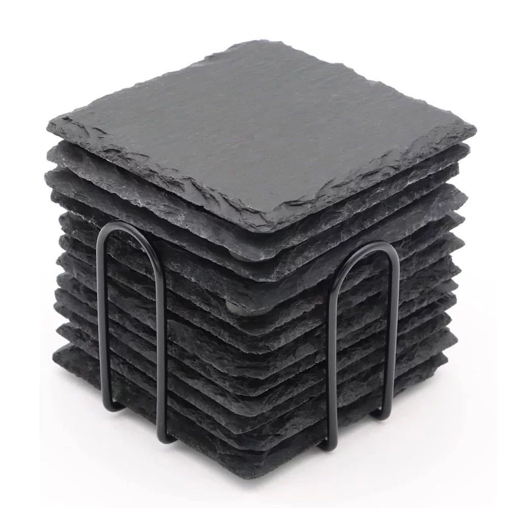 Pack of 8 Slate Coasters with Metal Holder,4 Inch Black Slate Stone Coasters,engraving with Anti-scratch for Drinks,coffee, Bar