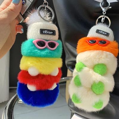 Cute Real Fur Keychain Colorful Caterpillar Natural Rex Rabbit Fur Plush Bag Accessories