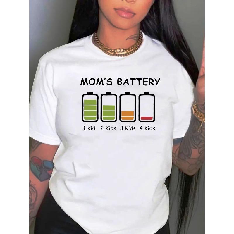 European sizes Minimalist English Battery Print Women's Fashion Trend Round Neck Short Sleeve, Casual Sporty T-Shirt