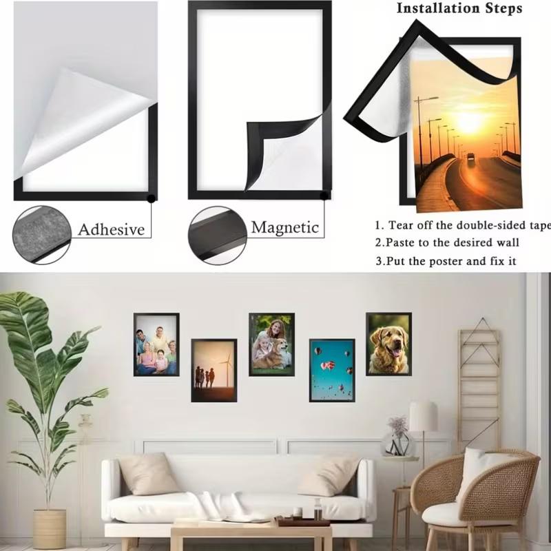 Set of 3 Magnetic Wall Frames - Self-Adhesive, Vertical Photo & Document Display, Matte B/W