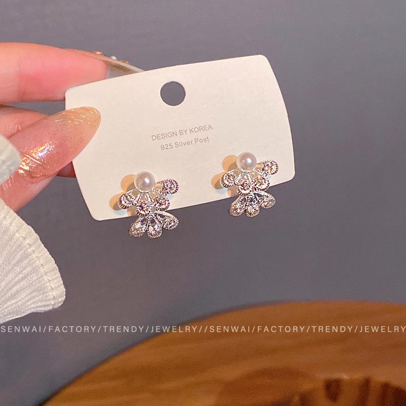 French Vintage Diamond Double Flower Earrings Femininity Stud Earrings