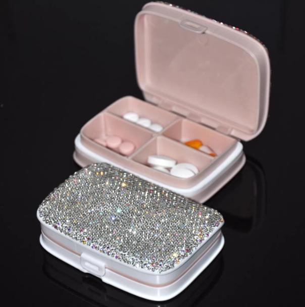 Diamond-Studded Portable Weekly Pill Dispenser – Small, Sealed, Mini Medicine Box