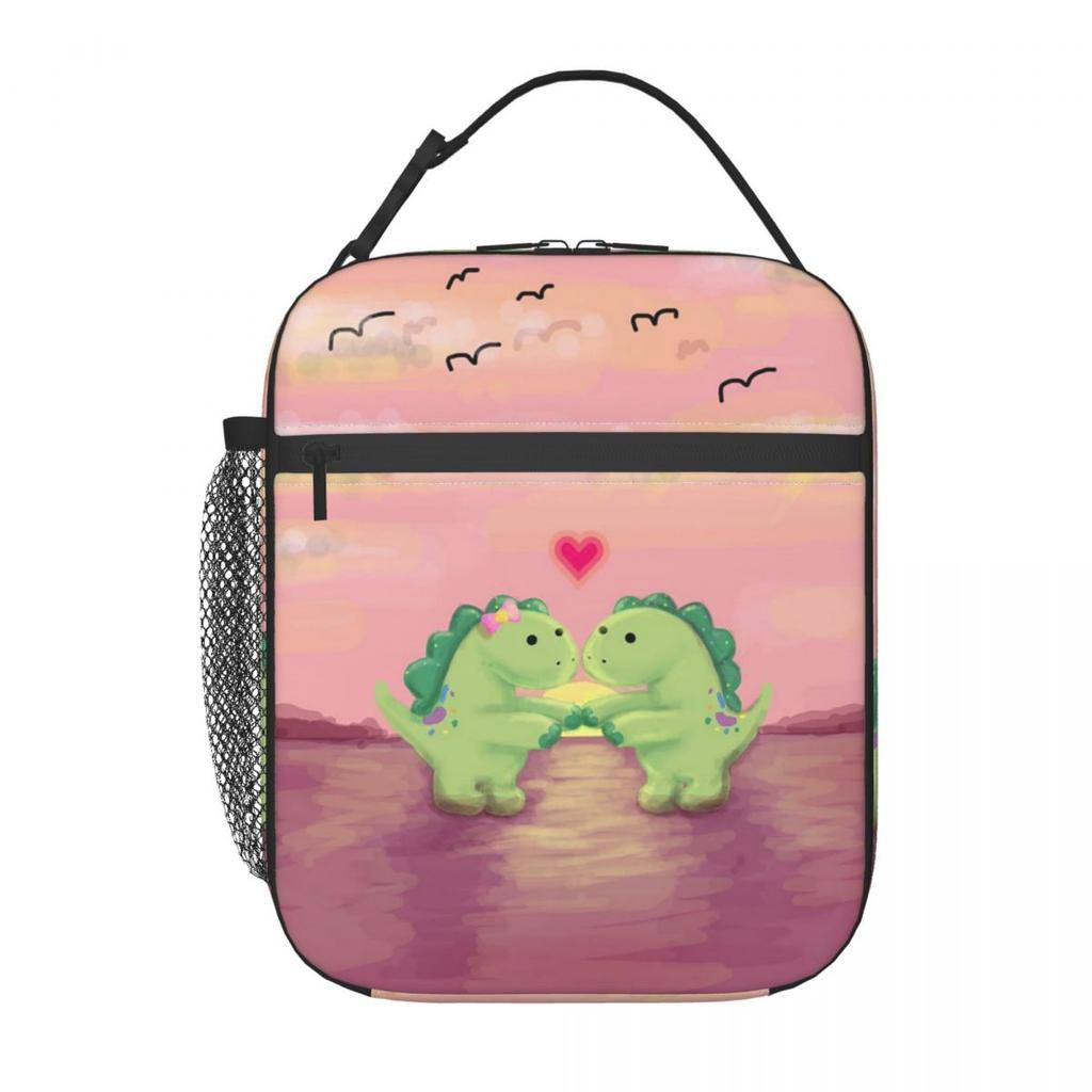 Cartoon Cute Dinosaur Couple Watching Sunset Insulated Lunch Bag for Women Kids Portable Food Boxes Thermal Lunch Box Tote