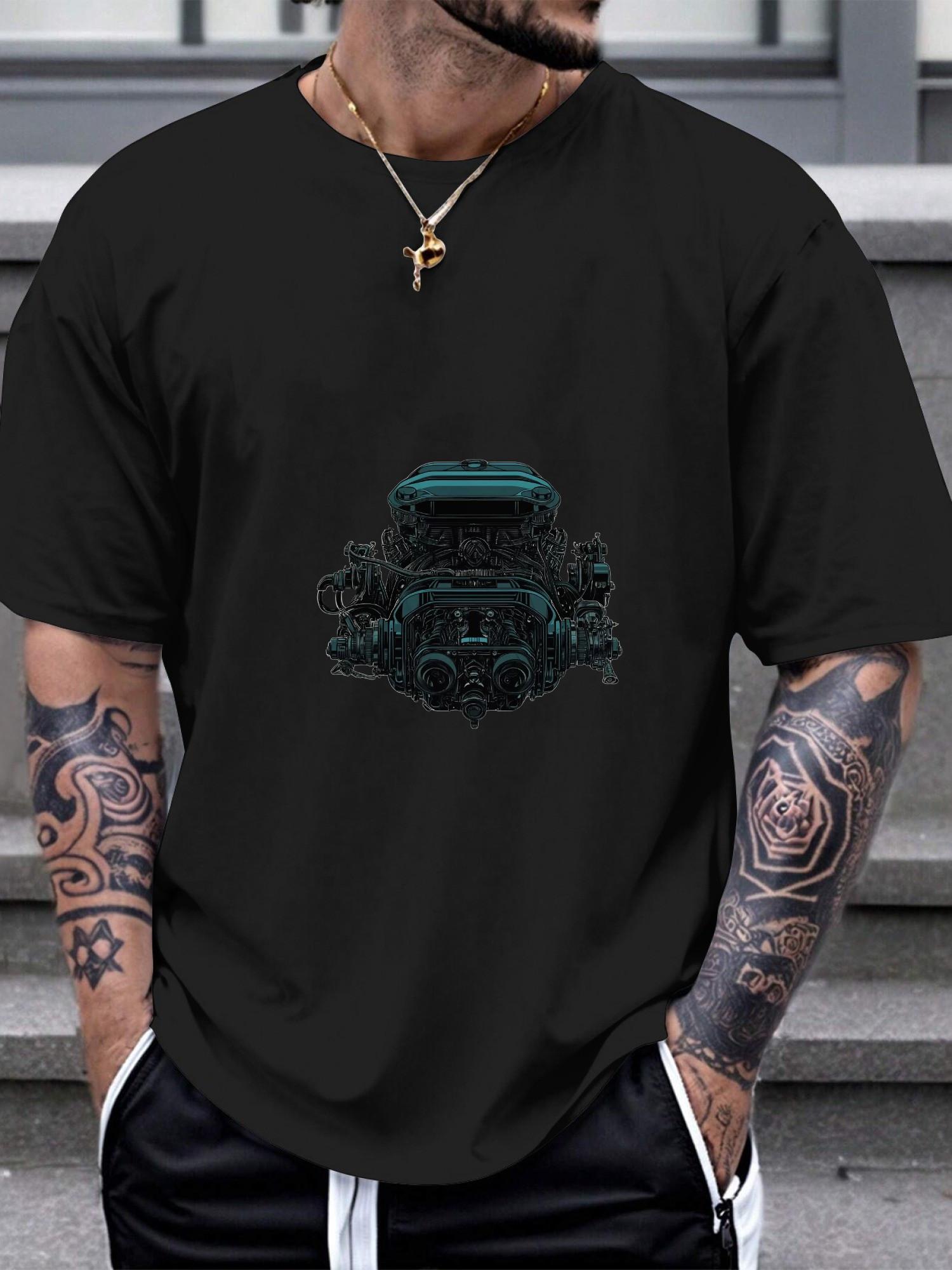 1pc Engine Supercharger Graphic Black T-shirt - 180g Cotton Crew Neck Short Sleeve XL