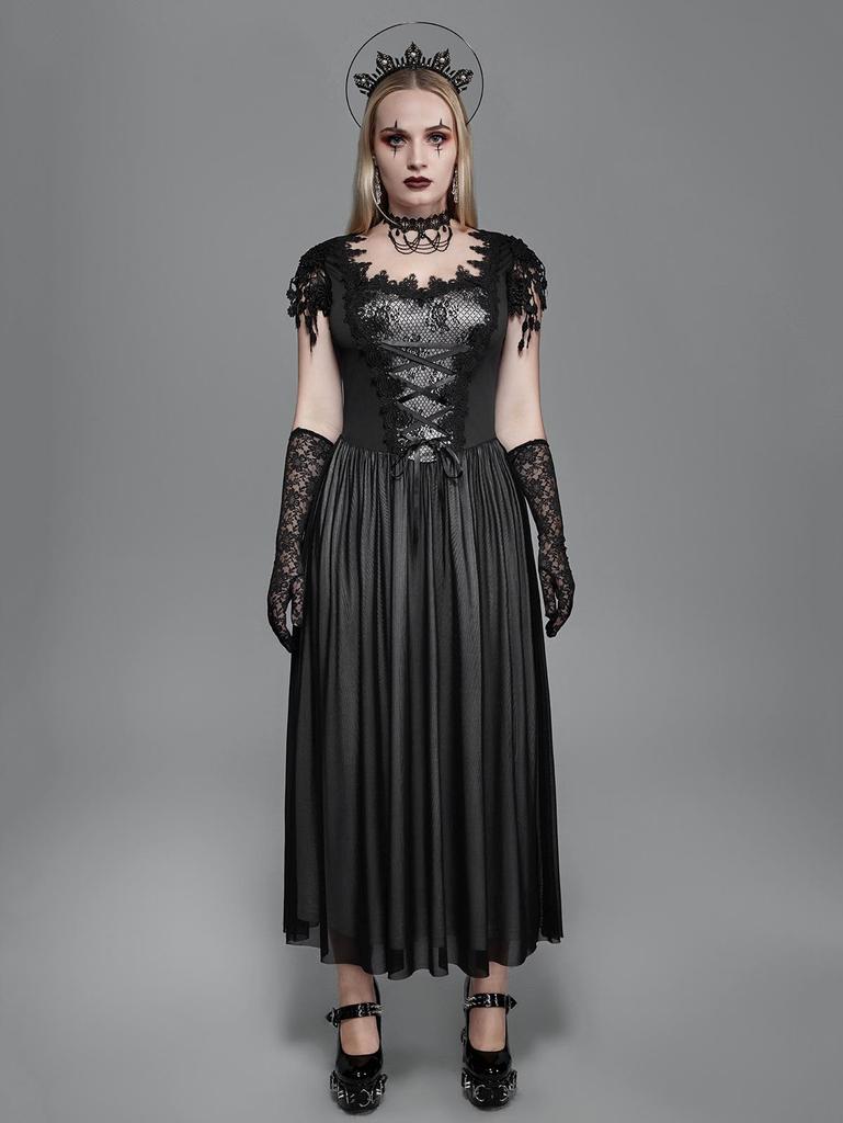Rosegal Gothic Guipure-Spitzeneinsatz Mesh-Quasten Schnürung ärmelloses Maxikleid