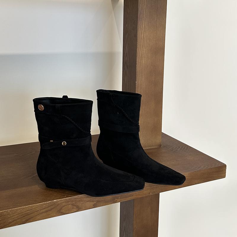 Fashion SUOJIALUN 2025 New Brand Women Short Boots Shoes Fashion Low Wedge Heel Slip On Mid-Calf Boots Shoes Round Toe Dress Pumps Shoes