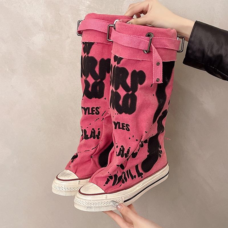 Fashion Women's Knee-high Boots Fashion Cowboy Canvas Boots Designer Graffiti Long Boots for Women Pleats Stacking Boot Botas De Mujer