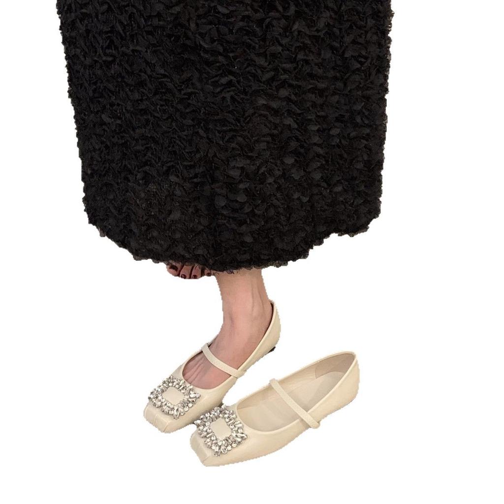 Dámské boty s plochým dnem, francouzské stříbrné boty Mary Jane, nové jarní a podzimní boty s čtvercovou hlavou a červenými kamínky, večerní boty