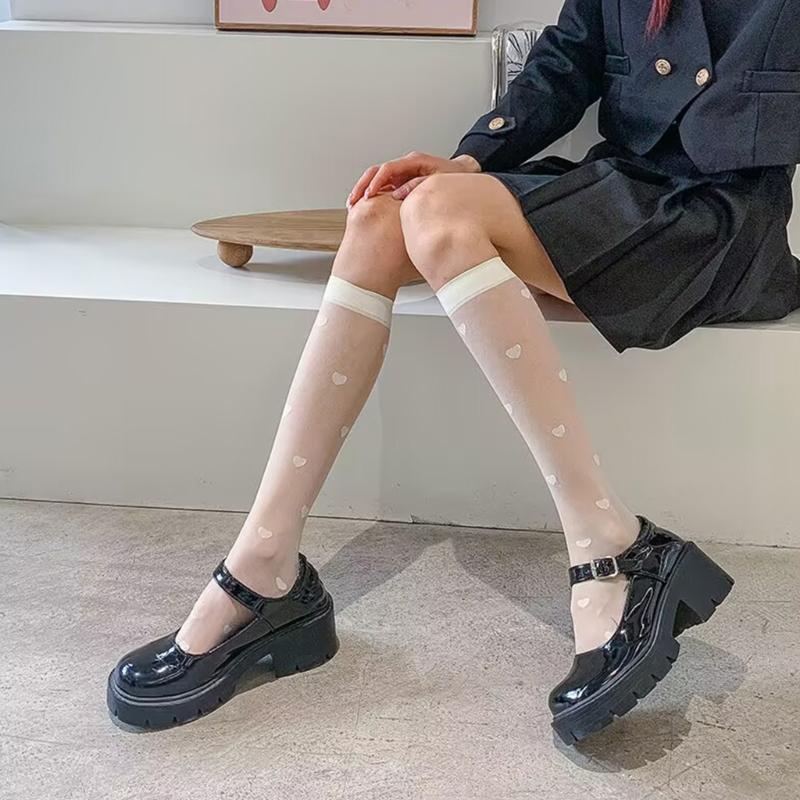 Sweet Heart Calf Socks Thin Sheer Silk StockingsLightweight Breathable Knee Highs Socks Student Girls Middle Tube Socks