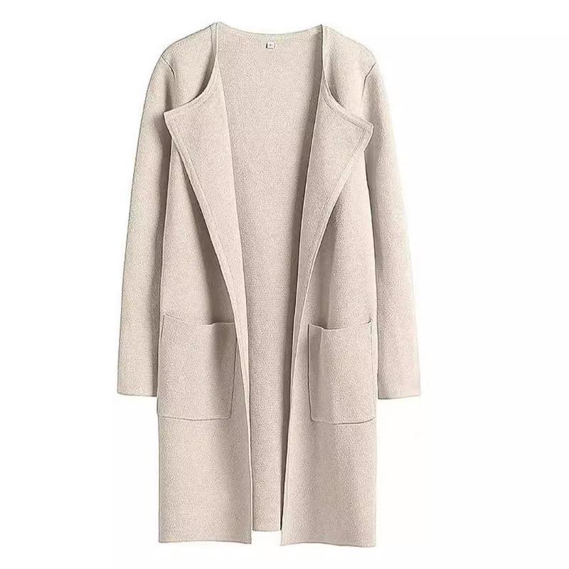 Woolen Coat Women's Flip Collar Large Pocket Long Sleeved Cardigan Solid Color Coat Warm and Loose Casual Top Commute New Fashion Autumn
