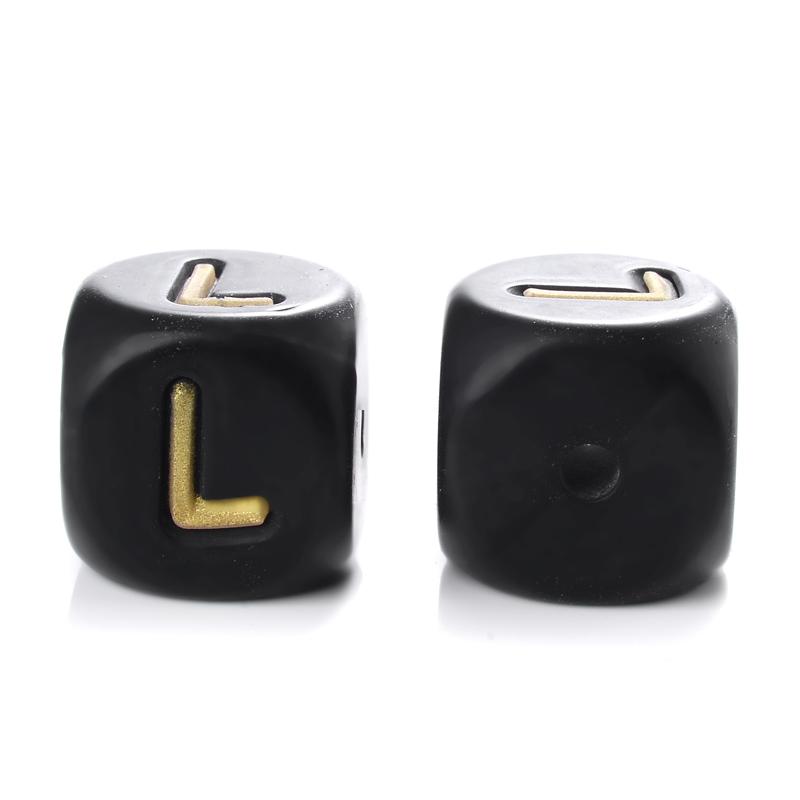 12mm 10Pcs Silicone Black+Gold Letters Beads English Alphabet Letter Beads for Baby Teething Teethers Shower Gifts BPA Free