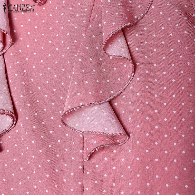 ZANZEA Women Casual Ruffles V-Neck Loose Long Sleeve Polka Dot Print Blouse
