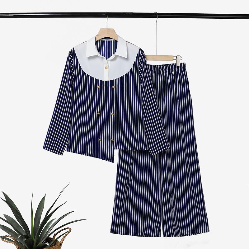 ZANZEA Women Long Sleeve Blouse and Long Pants Casual Stripe Print Two Piece Suit Sets S