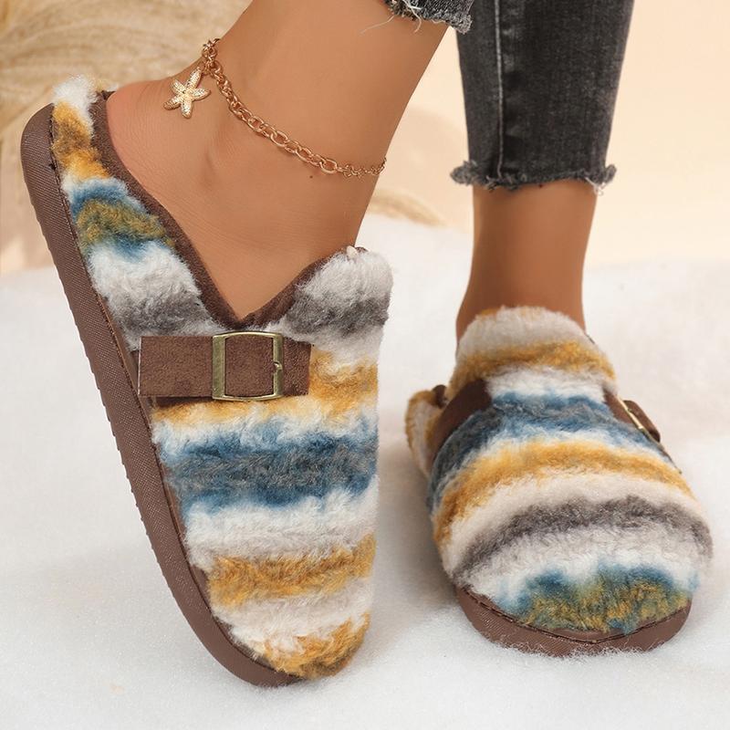 Mote Mote Stripete Bomullstøfler Kvinner Lukket Tå Slip On Plysjtøfler Kvinne Vinter Innendørs Sklisikre Varme Plysjtøfler Dame