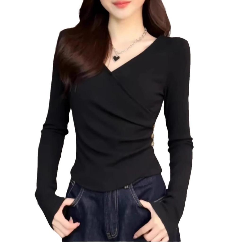 Women's Slimming V-neck Long Sleeve Top - 2024 Autumn/Winter Fashion