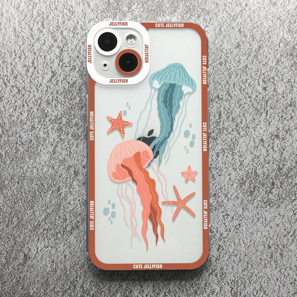 Funny Cartoon Jellyfish Phone Case For iPhone 17 16 15 14 13 12 11 Pro Max Mini Plus 7 8 Air Shockproof Transparent Soft Cover