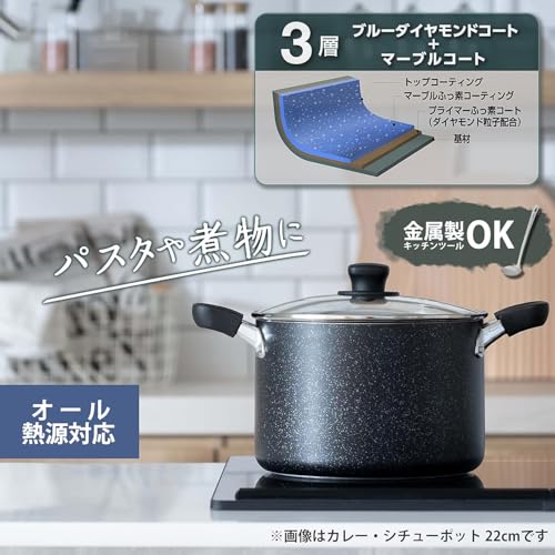 [Online Exclusive] Pearl Metal 21cm Marble Diamond Stockpot with Glass Lid, Induction Compatible, AZ-7121