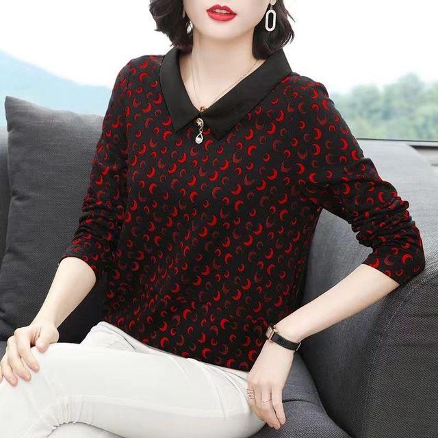 

Весенне-осенняя футболка с воротником-поло и длинными рукавами, женская свободная рубашка для мам, новый топ с цветочным принтом, M-5XL 4XL красный