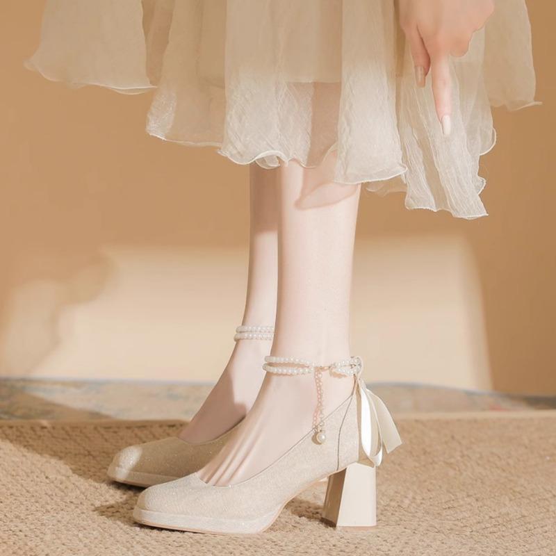 Fashion Women's Chunky Single Shoes Spring New Square Head Shallow Mouth Sequin Bead Butterfly Knot Anti-slip Wear-resistant High Heels