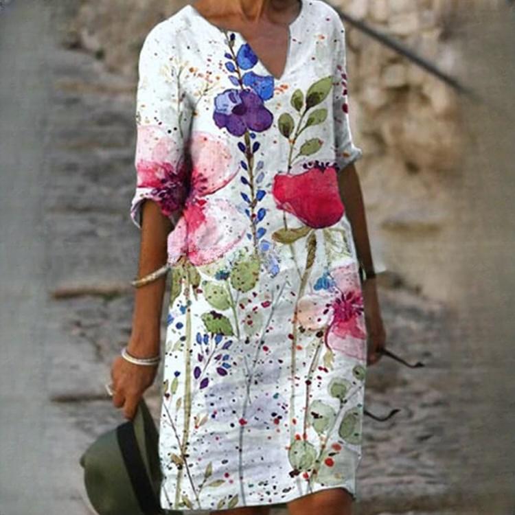 GMXIA Sommertrykk løs bambusfiber hamp blomster kortermet dame vintage litterær fem-kvarts erme med rund hals