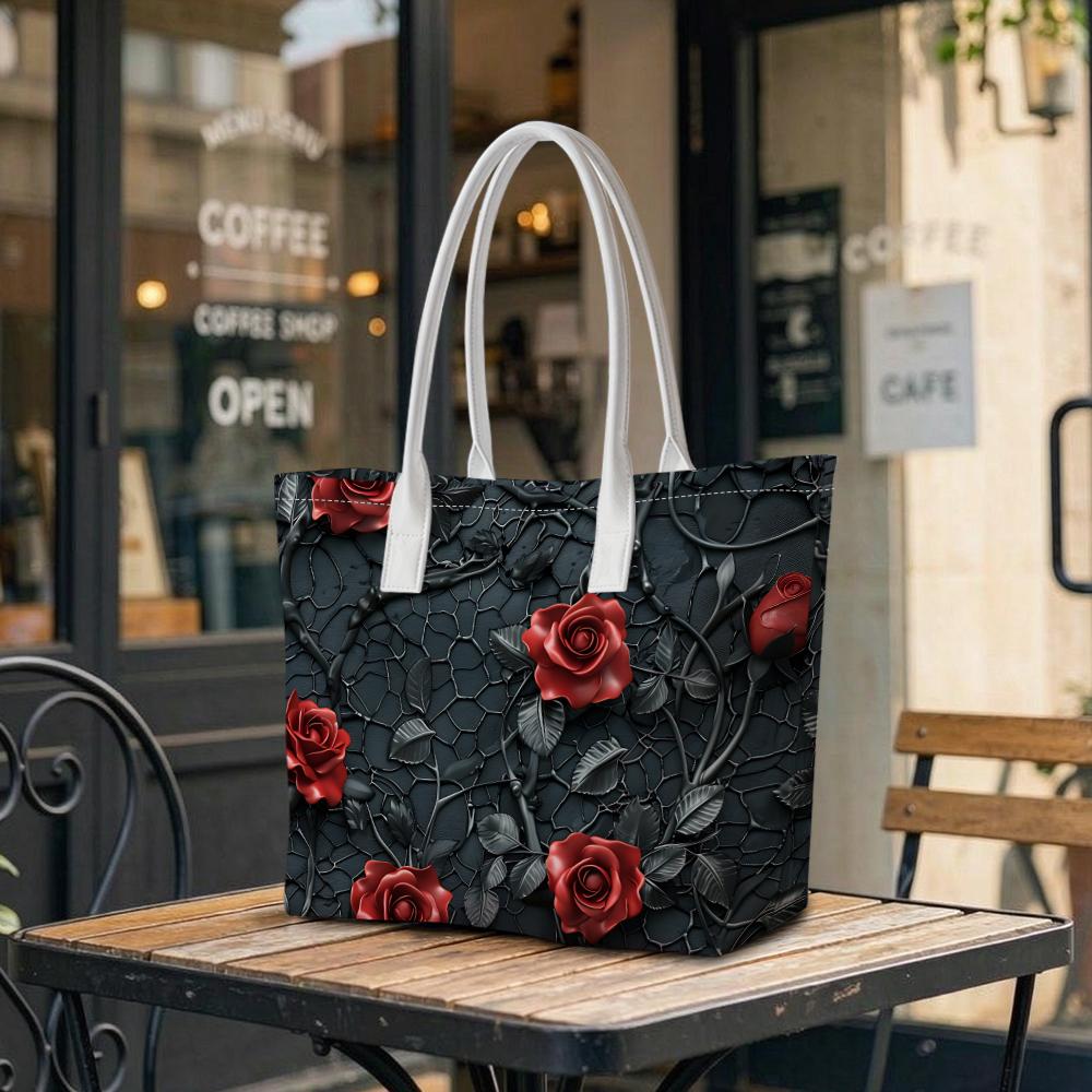 Elegant Rose Pattern Shoulder Bag Fashion Daily Commute Tote Handbag