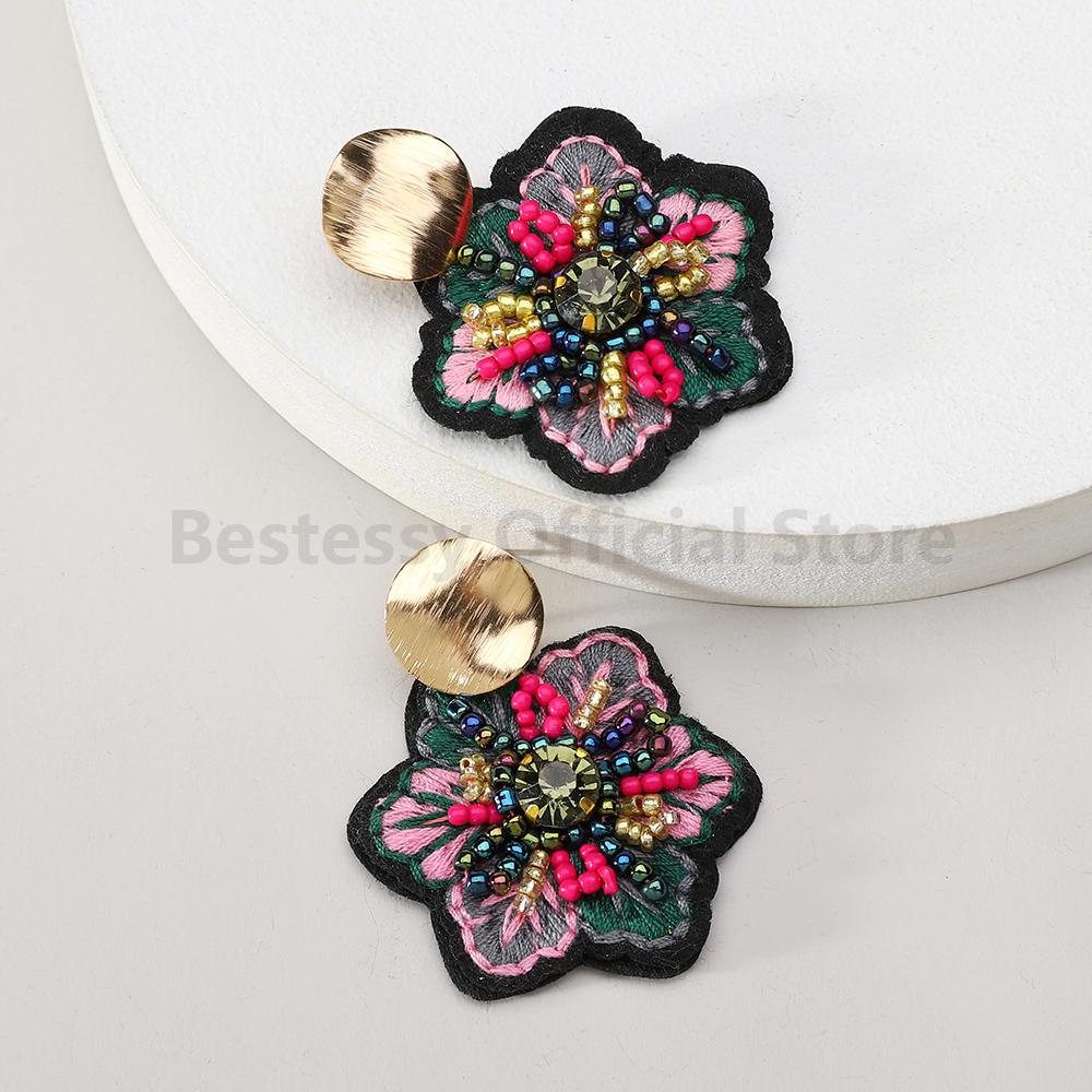 Handmade Embroidered Flower Dangle Earrings For Women Boho Luxury Elegant Colorful Rice Beads Decor Pendant Fashion Jewelry Gift