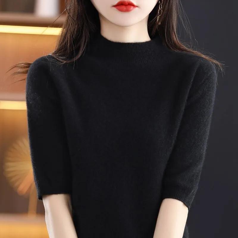Order A Size Up,Spring/Summer Short Sleeve Sweater Women's Half Turtleneck Short Loose Half Sleeve T-Shirt Versatile Knitted Bottoming Shirt