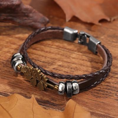 Men's Fashion Multi-layered Beaded Leather Bracelet Vintage Punk Leaf Shaped Bracelet Holiday Gift Accessories