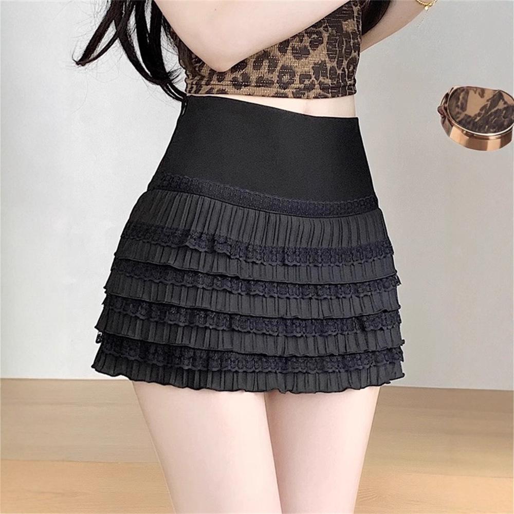 Chic Elastic Waist Pleated White Lace Skirt - Sweet High-Waist, Layered for Autumn/Winter