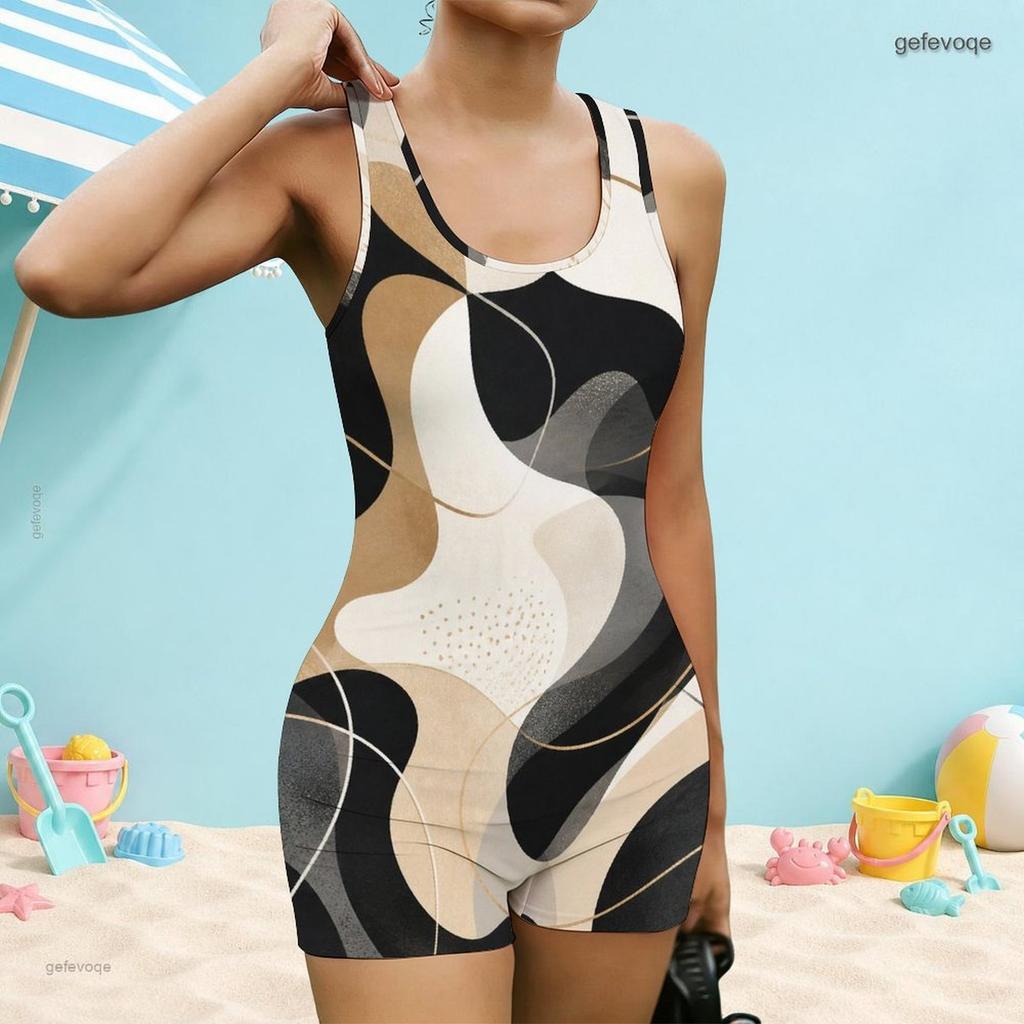 Women Plus Size Square Neck Wide Strap Printed One Piece Boyshort Swimsuit