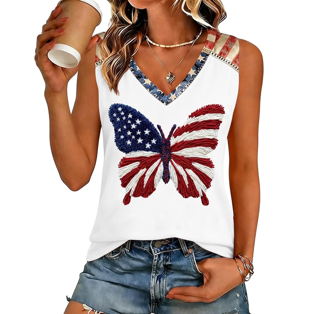 Women’s V Neck Sleeveless Casual Independence Day Butterfly Print Top Patriotic Holiday Tank Shirt for Summer Outings