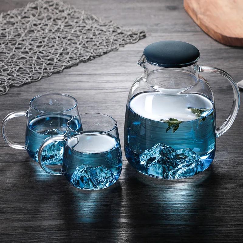 1800ml Glass Cold Water Bottle With Handle Fruit Tea Mug Kettle Mountain Design High Temperature Heatable Fine Jug Gradient Color for Home