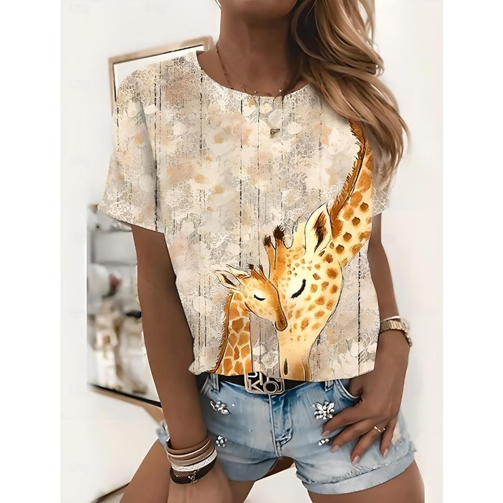 Giraffe Printed Casual T-shirt Round Neck Short Sleeved Women's T-shirt