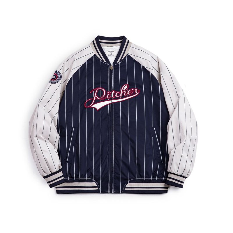 

Madden Parka American Retro Stripes Baseball Jacket Letter Embroider Badge Color Contrast Patchwork Casual Outwear Men s Autumn Navy Blue 2XL