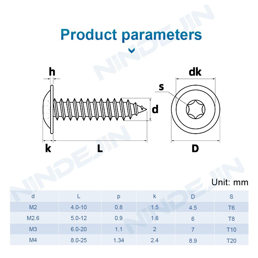 20-50 Stück Torx Rundkopf mit Bund Selbstschneidende Schraube Edelstahl 304 M2.6 M3 M4 M5 M6 Sechslochs Stern Holzschraube