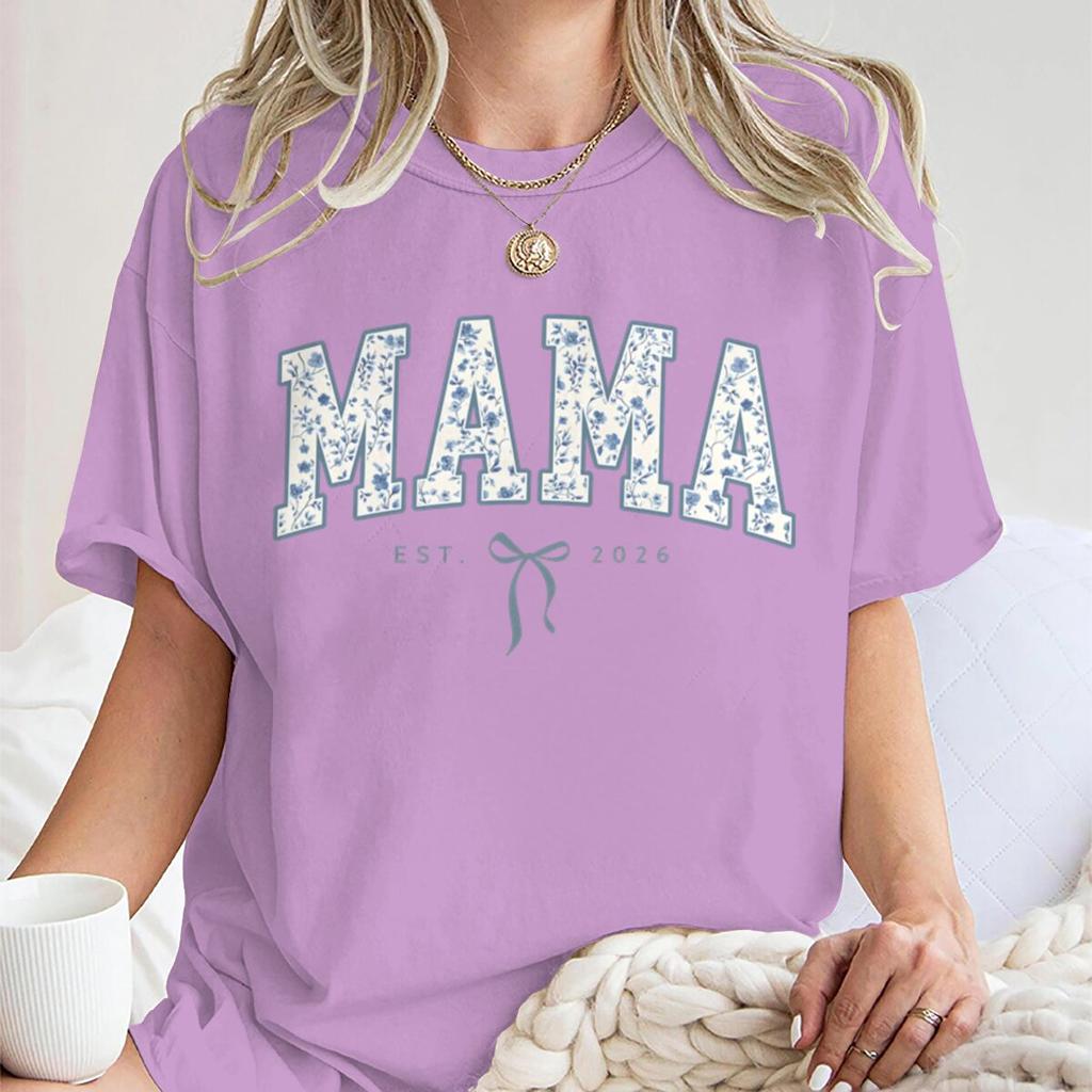 Vintage Floral MAMA EST 2026 TShirt Women Coquette Bow Print Casual Short Sleeve Tee New Fashion Mom Gift