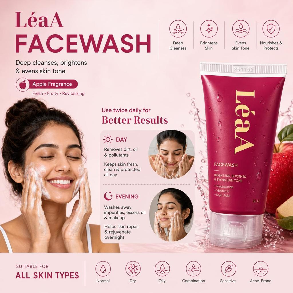 LeaA Kojic Acid & Niacinamide Face Cleanser | Gentle Daily Face Wash with Vitamin E | Non-Greasy, Non-Sticky, Colour-Free Formula | Removes Dirt &
