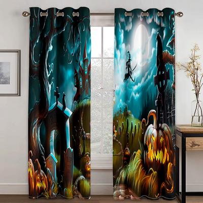 Halloween Pumpkin 3D Digital Printed Curtain Living Room Bedroom Holiday Decoration 90g Polyester Curtain Fabric Two Panels