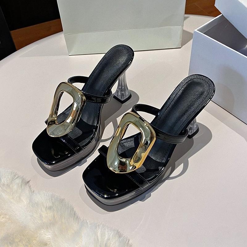 High-heeled Sandals Women's Square Head Open Toe Metal Buckle Hollow Waterproof Table Non-slip Slippers